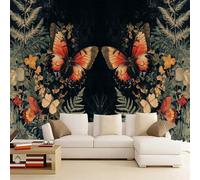 LUPAXA Papier Peint 3D Noir Rétro,130x80cm Plantes Papillons Photo Mural pour chambre à coucher, salon, canapé, arrière-plan TV