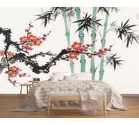 LUPAXA Papier Peint Panoramique Fleurs De Prunier Sur Bambou 300x240cm,Peinture Chinoise Papier Peint,Décoration murale moderne décorative pour chambre salon