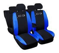 Lupex Housse de siège auto compatible C3 | Fabriqué en Italie | Set de housses de siège avant arrière et accoudoir | Logo brodé | Airbag compatible | Intérieurs (Noir/Bleu Royal)