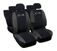 Lupex Shop Housses de siège Auto compatibles avec Le C3, Made in Italy, Tissu Polyester, Jeu Complet de sièges Avant et arrière (Noir - Gris Foncé)