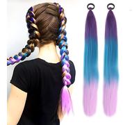 LUPU Extension de queue de cheval synthétique avec bandeau élastique pour cheveux 26 "longue queue de cheval tressée colorée droite Ombre rose violet bleu 69