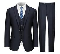 LUPURTY Costume 3 pièces pour Homme, Coupe ajustée, Veste Unie, Gilet et Pantalon avec Cravate, Ensemble de Smoking à Un Bouton, Bleu Marine foncé, Taille 4XL
