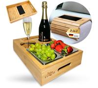 LURETI Boîte à goûter en bois de bambou : plateau de canapé 3 en 1 - avec support pour bouteille/téléphone portable et 2 bols à collation - l'organisateur de canapé, étagère de canapé, distributeur de