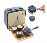 Lurrier Ensemble de théière chinoise en porcelaine Gongfu avec théière rotative à 360 degrés et passoire portable tout-en-un pour voyage, maison, extérieur, bureau, bleu
