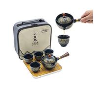 LURRIER Service à thé chinois Gongfu en porcelaine, théière portable avec rotation à 360° et infuseur, sac cadeau portable tout-en-un pour voyage, maison, cadeau, extérieur et bureau (bleu floral)