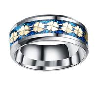 Lurrose Bague en Acier Titane Unisexe Trèfle Quatre Feuilles 8mm Bleu Doré Taille 11, Bague Créative pour Femme Homme, Anneau de Mode Confortable pour Mariage et Saint-valentin