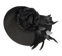 Lurrose Bandeau Bibi Femme Noir en Tissu Léger Imitation Paille, Grand Chapeau Élégant Fleurs, Décorations Ailées et Plumage, Accessoire Mariage, Banquet et Goûter Élégant, Serrage-tête