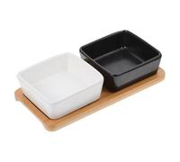 Lurrose Bol pour Chat et Chien avec Double Bol Céramique Blanche et Noire Plateau Bois à Deux Compartiments Stable et Surélevée pour Réduire la Fatigue du Cou des Animaux Pratique pour