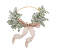 Lurrose Couronne Bohème Rustique Feuilles D’Oreilles D’Agneau et Perles de Bois, Décoration Murale Printanière pour Mariage et Fête, Couronne de Verdure Artificielle Légère à Suspendre,