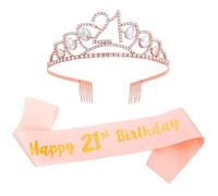 Lurrose Couronne D'anniversaire en Strass 21 Ans avec Écharpe Rose Doré, Serrage-tête Léger et Taille Unique, Accessoires de Fête pour Filles, Décoration et Chignon D'anniversaire