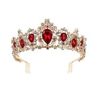Lurrose Couronne de Mariée Dorée avec Strass Rouges, Diadème Délicat avec Peignes Intégrés, Accessoire Coiffure Mariage Vintage, Bandeau Couronne Élégant pour Cérémonie et Photo,