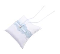 Lurrose Coussin pour Alliances en Dentelle Nœud Bleu Porte-Bagues Romantique pour Mariage Décoration Élégante pour Cérémonie Accessoire Mariée 1 Pièce