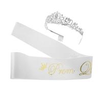Lurrose Ensemble Couronne en Strass et Écharpe Satin Blanc pour Reine du Bal, Serrage-tête et Écharpe de Fête Élégants, Accessoires pour Cérémonie de Remise de Diplômes et Soirées