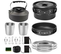 Lurrose Ensemble Cuisine de Camping Léger en Alliage D'aluminium Poignée Pliable, pour Randonnée et Pique-niques en Plein Air, Vaisselle Pratique et Compacte