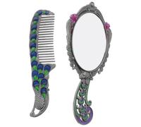 Lurrose Ensemble miroir à main et peigne vintage, motif paon orné, | Coffret cadeau, coiffeuse, décoration de chambre, alliage de zinc, pour femmes et filles, cadeau de mariage, souvenir de la
