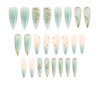 Lurrose Kit de 24 faux ongles réutilisables, ongles à pression French manucure verts, couverture complète, effet brillant 3D, application facile pour femmes, manucure à domicile, décoration de