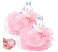 Lurrose Lot de 2 Éponges de Bain Garçon et Filles Motif Licorne Rose et Blanc Boule de Bain Exfoliante Douce en Maille Loofah de Pratique Lavage Corporel des Tout-petits