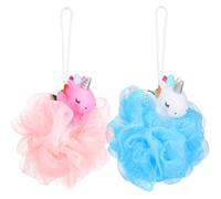 Lurrose Lot de 2 éponges de douche en forme de licorne en luffa exfoliant en maille pour pouf, bain pour enfants, nettoyage en profondeur
