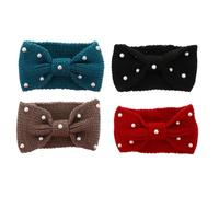 Lurrose Lot de 4 Bandeaux Tricotés pour Femmes Nœud Plat, en Laine Extensible et Élastique, Couleurs Assorties Noir, Rouge Foncé, Kaki et Vert, Accessoires Coiffure Légers et Chauds