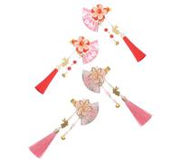 Lurrose Lot de 4 Épingles à Cheveux Japonaises avec Pompons et Clochettes, Barrettes Éventail Rouges et Roses, Accessoires Rétro pour Mariage, Kimono et Coiffure Traditionnelle, Clips