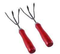 Lurrose Outils de Jardinage Manuel Lot de 2 Râteaux Trois Dents en Métal Manche en Bois Rouge, Cultivateur de Jardin Léger pour Désherbage et Retournement de Terre, pour Jardin et Cour