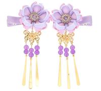 Lurrose Pince à Cheveux Chinoise : 1 Paire de Pinces à Cheveux à Pompon Et Fleurs - Accessoires Japonais - Épingles Décoratives pour Femmes Et Filles (violet)