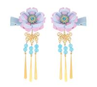 Lurrose Pince à Cheveux Chinoise : 1 Paire de Pinces à Cheveux à Pompon Et Fleurs - Accessoires Japonais - Épingles Décoratives pour Femmes Et Filles (bleu)