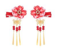 Lurrose Pince à Cheveux Chinoise : 1 Paire de Pinces à Cheveux à Pompon Et Fleurs - Accessoires Japonais - Épingles Décoratives pour Femmes Et Filles (rouge)