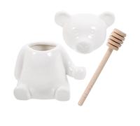 Lurrose Pot à Miel en Céramique Blanc D’Ours avec Louche en Bois Distributeur Anti-Goutte 250 Ml pour Miel Sirop Confiture - Accessoire la Cuisine Pratique pour Usage Quotidien