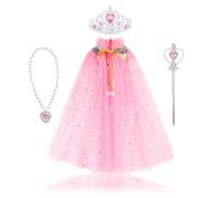 LURVOUS 4 Pcs Déguisement Princesse Fille, Cape de Princesse en Tulle et Paillettes Avec Couronne, Baguette, Collier - Costume Pour Fêtes, Cosplay, Carnaval (Rose)