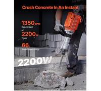 Luscriate - Marteau démolition, 2200W, 66J, 1350 BPM, 6 burins, poignée 360°, anti-vibration, béton, construction, plomberie
