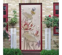 LuSeven stickers douche Lotus feuille de lotus plante 77x200cm(30.31 inches * 78.74 inches) Autocollants Porte 3D Moderne Art Auto-adhésif Poster Porte PVC Sticker Porte Autocollant Trompe l'œil Papie