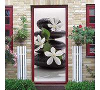 LuSeven stickers douche Nature morte fleurs noir pierres 95x215cm Autocollant 3D Stéréo de Porte, Sticker De Porte Trompe l'oeil Moderne Art Auto-adhésif Poster PVC Sticker Porte