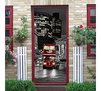 LuSeven stickers porte placard Rouge bus ville nuit 85x215cm(33.46 inches * 84.64 inches) Sticker De Porte Trompe l'oeil 3D PVC Imperméable Muraux Wall Sticker Autocollant Art Decor Vinyle Mural Salle