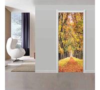 LuSeven stickers trompe loeil Automne doré feuilles tombées grands arbres 85x215cm(33.46 inches * 84.64 inches) Papier Peint Porte Trompe l'oeil pour Salon Chambre Décoration De La Maison Stickers Mur