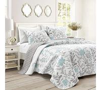 Lush Decor Apirl Parure de lit réversible 3 pièces en Coton Polyester, Bleu et Gris, lit Double/Grand lit