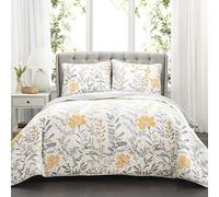 Lush Decor Aprile Parure de lit 3 pièces réversible Douce à Motif Floral pour lit Double/Grand lit, Jaune et Gris - Couvre-lit à Motif Floral - Décoration printanière - Cottage et décoration de