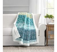 Lush Decor Bohemian Stripe Sherpa Throw Blanket, 60" x 50", Blue & Green