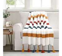 Lush Decor Boho Couverture tricotée à Pompons torsadés Bleu Sarcelle et Rouille 152,4 x 127 cm