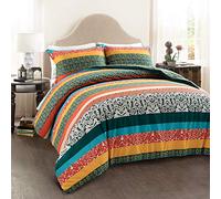 Lush Decor Boho Parure de lit 3 pièces en Coton réversible à Rayures pour très Grand lit, Turquoise et Mandarine