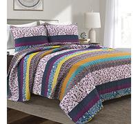 Lush Decor Boho Stripe Reversible Cotton 3 Piece Quilt Set, King, Plum & Yellow