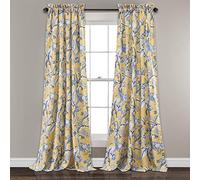 Lush Decor Dolores Paire de Rideaux de fenêtre filtrant la lumière, 132,1 cm de Large x 274,3 cm de Long, Jaune - Rideaux en Toile - Imprimé Floral et Oiseaux - Rideaux Grand-millénaires et