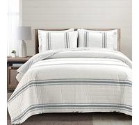 Lush Decor Farmhouse Parure de lit réversible 3 pièces en Coton à Rayures, Gris foncé, très Grand lit