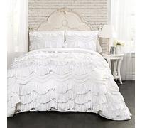 Lush Decor Kemmy Parure de lit 3 pièces à Volants avec Couette pour lit Double Queen Size - Décoration raffinée - Blanc