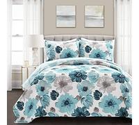 Lush Decor Leah Parure de lit réversible 3 pièces Motif Floral Bleu King Size