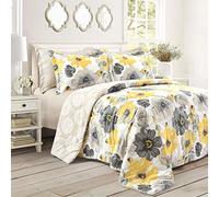 Lush Decor Leah Parure de lit réversible 6 pièces pour très Grand lit, Jaune et Gris - Couette botanique Aquarelle pour Grand lit - Motif Floral de Ferme