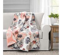 Lush Decor Leah Reversible Throw Blanket, 50" W x 60" L, Coral & Gray - Large Blooming Watercolor Flowers - Charming Quilted Floral Blanket for Bed, Couch, Or Chair