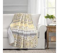 Lush Decor Nesco Couverture réversible en Coton à Rayures, 152,4 x 127 cm, Jaune et Gris