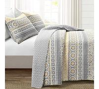 Lush Decor Nesco Parure de lit 3 pièces réversible en Coton à Rayures, Jaune et Gris, lit Double/Grand lit