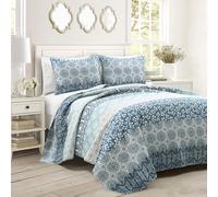 Lush Decor Parure de lit 3 pièces réversible en Coton à Rayures bohèmes, pour très Grand lit, Bleu Marine et Bleu - Couvre-lit à Rayures Bleues - Décoration bohème